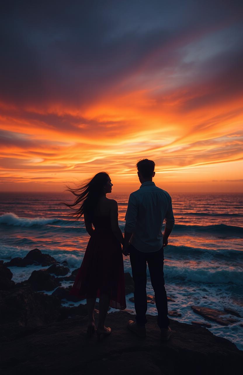 A hauntingly beautiful scene depicting two lovers standing apart on a deserted cliff at sunset, their silhouettes against a vivid sky painted in orange and purple hues