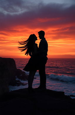 A hauntingly beautiful scene depicting two lovers standing apart on a deserted cliff at sunset, their silhouettes against a vivid sky painted in orange and purple hues