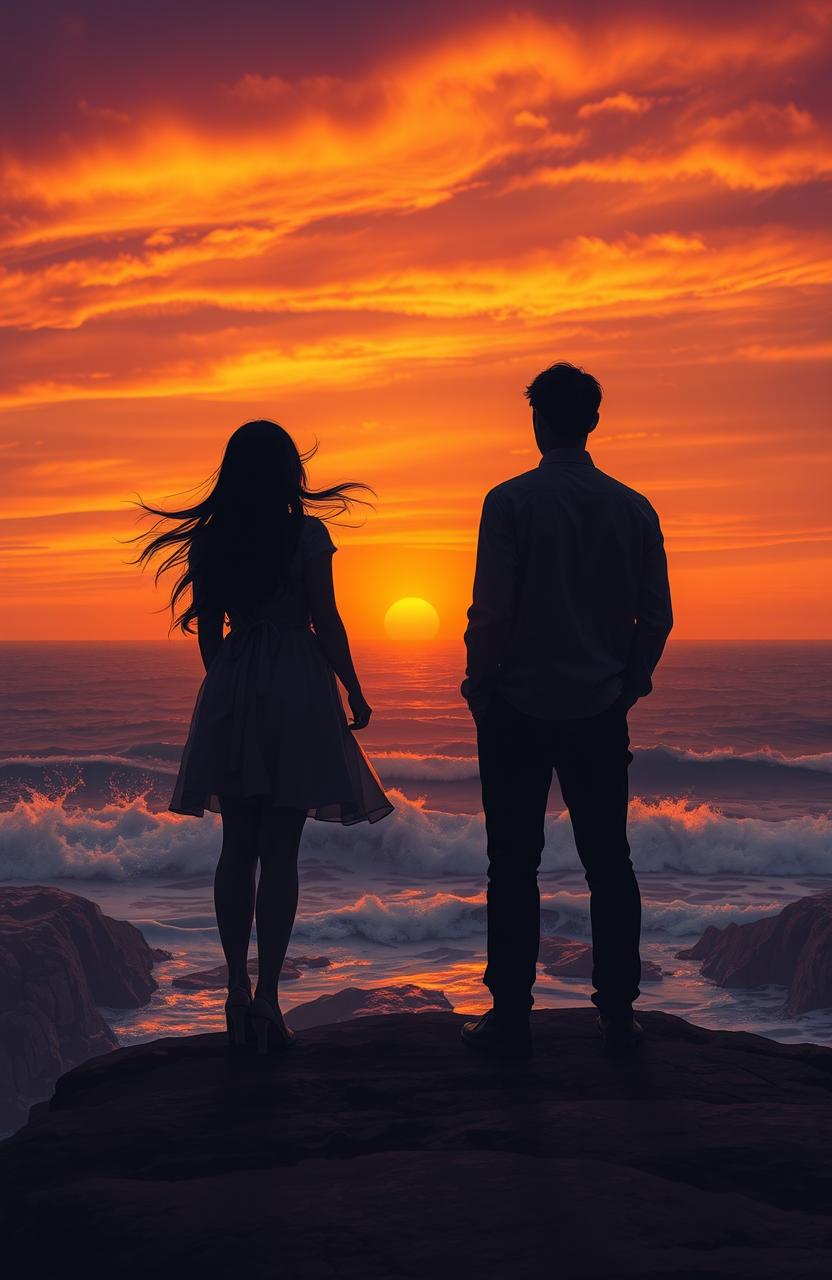 A hauntingly beautiful scene depicting two lovers standing apart on a deserted cliff at sunset, their silhouettes against a vivid sky painted in orange and purple hues