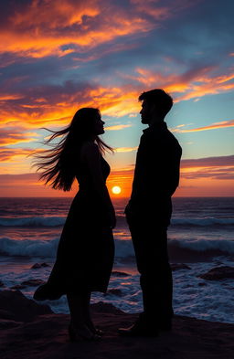 A hauntingly beautiful scene depicting two lovers standing apart on a deserted cliff at sunset, their silhouettes against a vivid sky painted in orange and purple hues