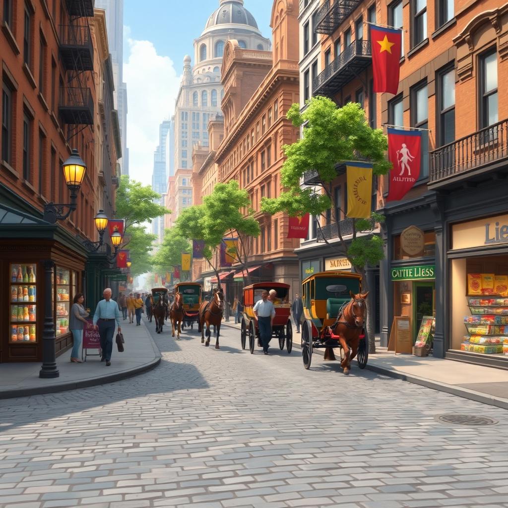 An animated scene depicting the vibrant streets of New York City in the 1880s, focusing on the lively urban environment without any humans present