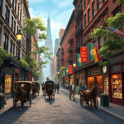 An animated scene depicting the vibrant streets of New York City in the 1880s, focusing on the lively urban environment without any humans present