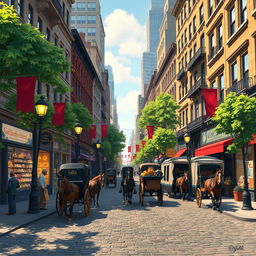 An animated scene depicting the vibrant streets of New York City in the 1880s, focusing on the lively urban environment without any humans present