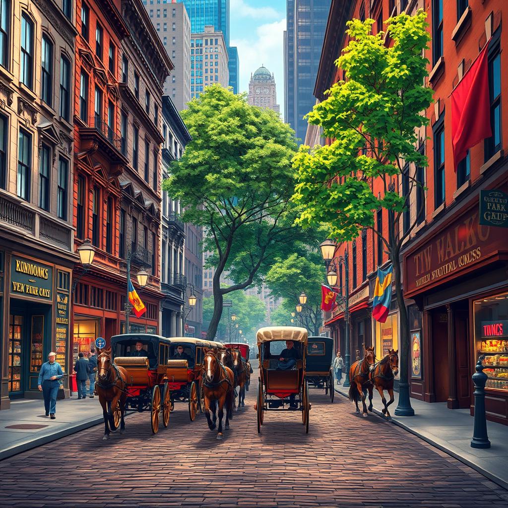 An animated scene depicting the vibrant streets of New York City in the 1880s, focusing on the lively urban environment without any humans present