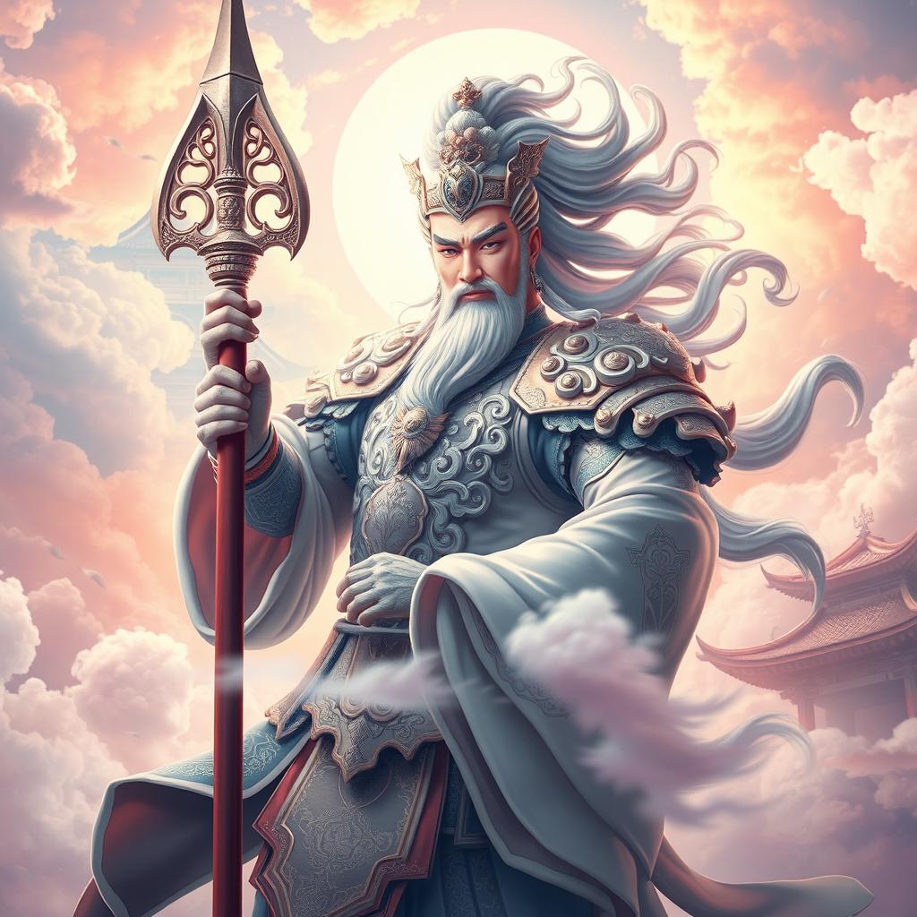 A legendary deity-like figure inspired by Zhaoyun, portrayed as a majestic warrior from the heavens