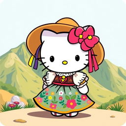 A whimsical and colorful illustration of Hello Kitty dressed in a traditional Huaylas costume from Peru