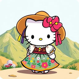 A whimsical and colorful illustration of Hello Kitty dressed in a traditional Huaylas costume from Peru