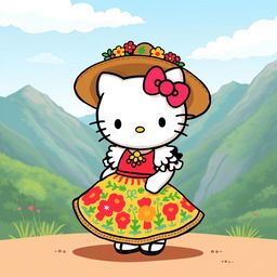 A whimsical and colorful illustration of Hello Kitty dressed in a traditional Huaylas costume from Peru