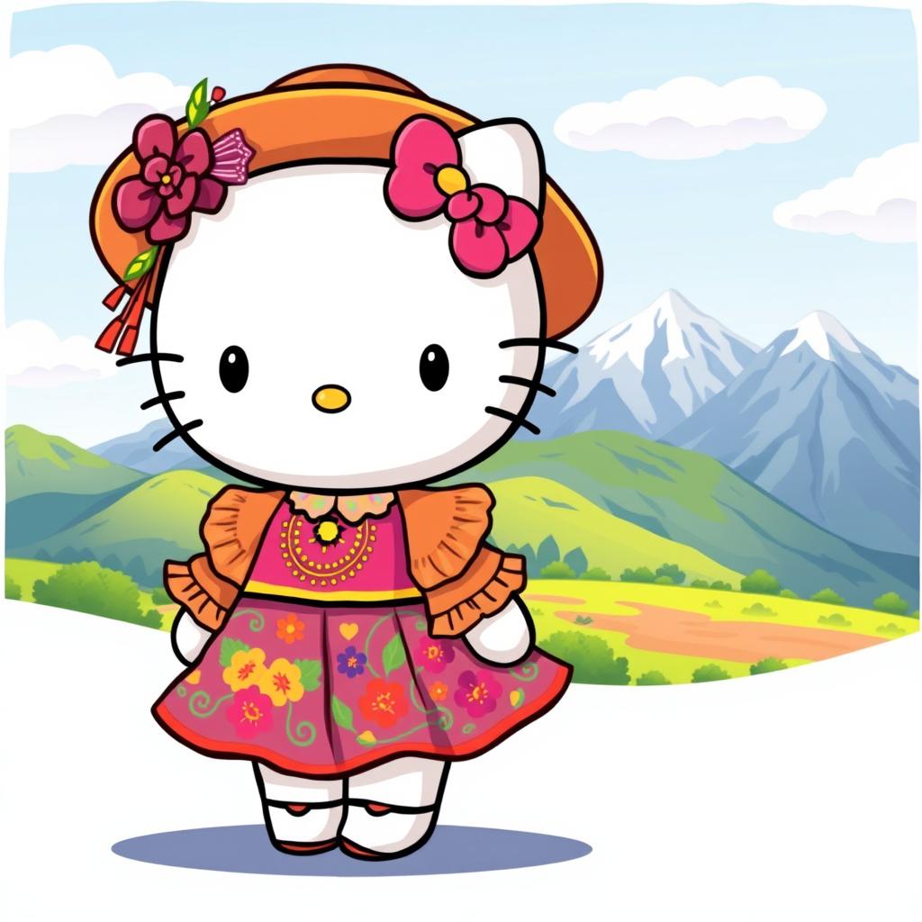 A whimsical and colorful illustration of Hello Kitty dressed in a traditional Huaylas costume from Peru