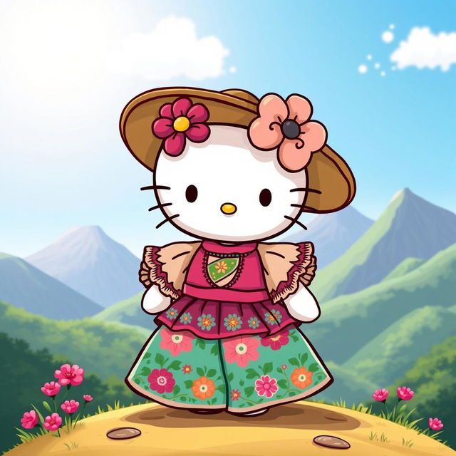 A whimsical and colorful illustration of Hello Kitty dressed in a traditional Huaylas costume from Peru