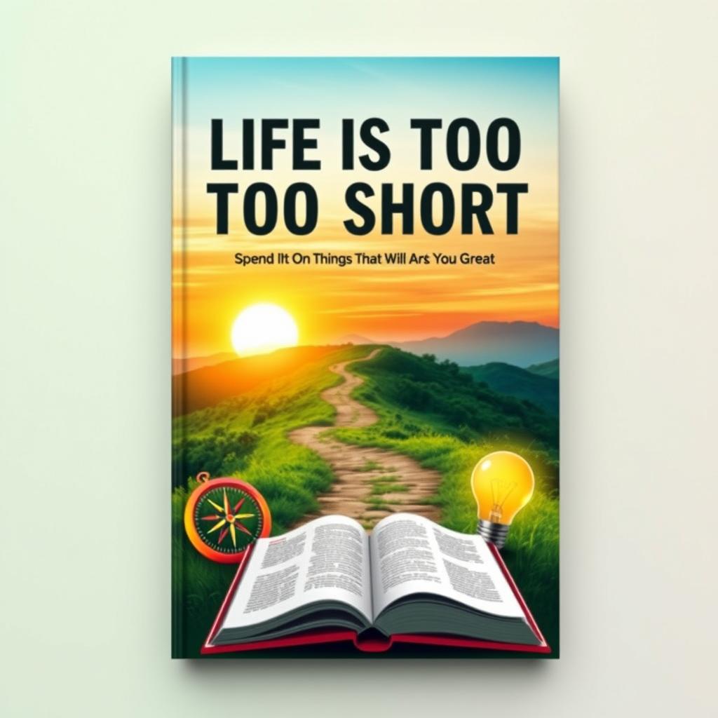 A visually striking cover design for an inspirational book titled 'LIFE IS TOO SHORT: Spend It On Things That Will Make You Great'