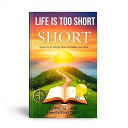 A visually striking cover design for an inspirational book titled 'LIFE IS TOO SHORT: Spend It On Things That Will Make You Great'