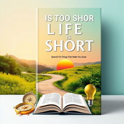 A visually striking cover design for an inspirational book titled 'LIFE IS TOO SHORT: Spend It On Things That Will Make You Great'