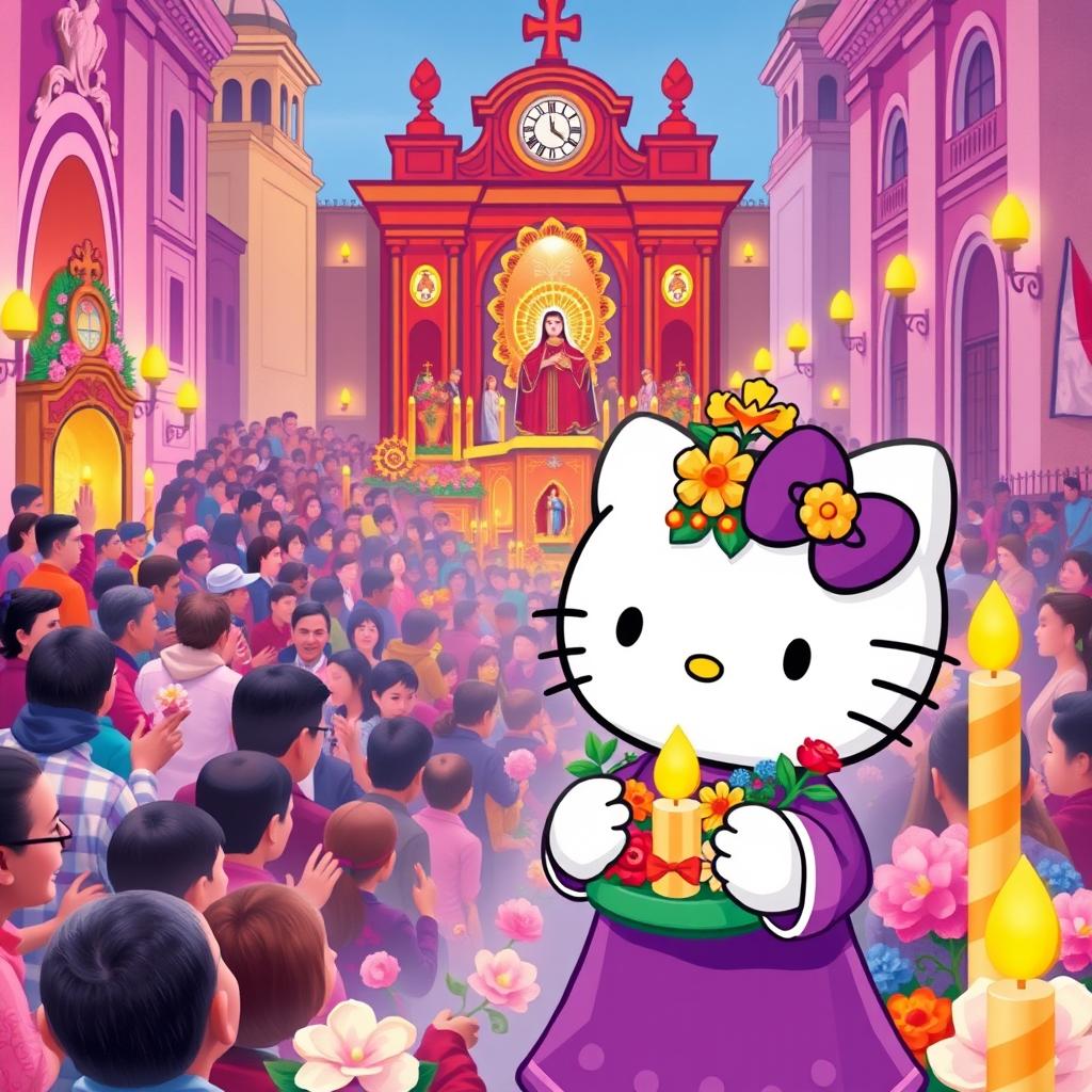 A charming and vibrant illustration of Hello Kitty participating in the procession of Señor de los Milagros in Lima, Peru