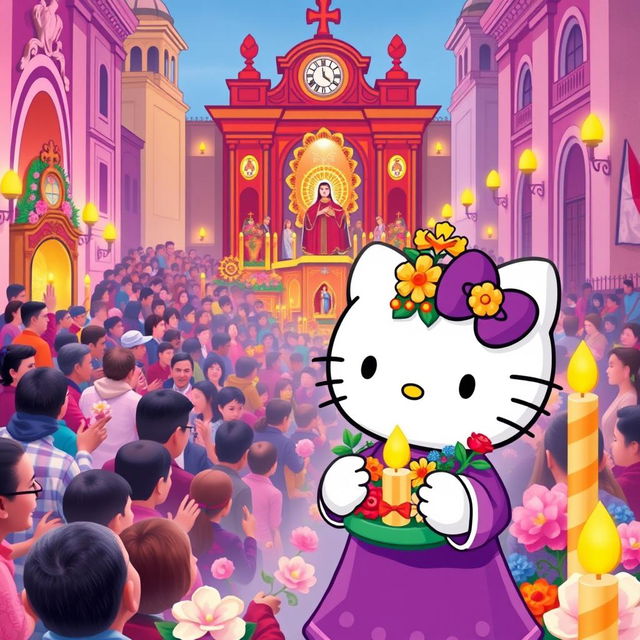 A charming and vibrant illustration of Hello Kitty participating in the procession of Señor de los Milagros in Lima, Peru