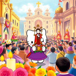 A charming and vibrant illustration of Hello Kitty participating in the procession of Señor de los Milagros in Lima, Peru