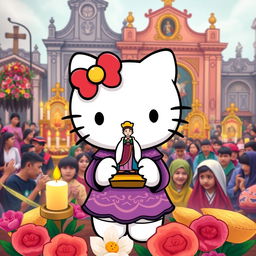 A charming and vibrant illustration of Hello Kitty participating in the procession of Señor de los Milagros in Lima, Peru