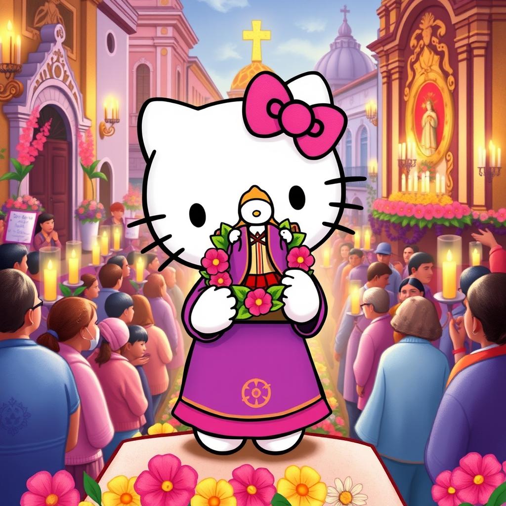 A charming and vibrant illustration of Hello Kitty participating in the procession of Señor de los Milagros in Lima, Peru