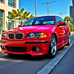 A stunning red BMW E46 parked on a sleek urban street, showcasing its iconic sporty design