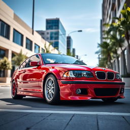 A stunning red BMW E46 parked on a sleek urban street, showcasing its iconic sporty design