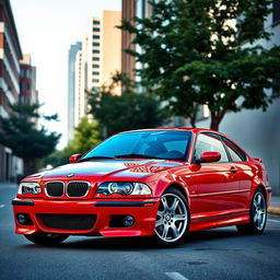 A stunning red BMW E46 parked on a sleek urban street, showcasing its iconic sporty design