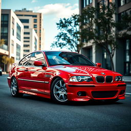 A stunning red BMW E46 parked on a sleek urban street, showcasing its iconic sporty design