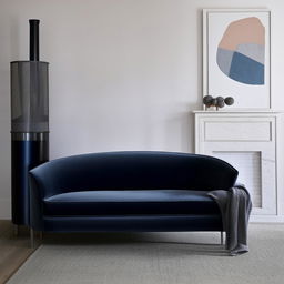 A living room featuring a navy blue velvet sofa, a complementary grey velvet chair and a welcoming chimney creating a warm atmosphere.