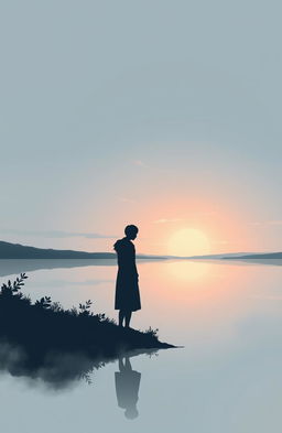 A hauntingly beautiful illustration featuring the silhouette of a solitary figure standing at the edge of a serene lake, gazing out towards the distant horizon