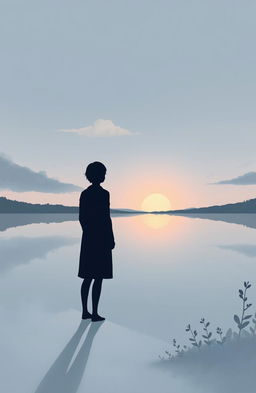 A hauntingly beautiful illustration featuring the silhouette of a solitary figure standing at the edge of a serene lake, gazing out towards the distant horizon