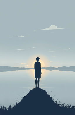 A hauntingly beautiful illustration featuring the silhouette of a solitary figure standing at the edge of a serene lake, gazing out towards the distant horizon