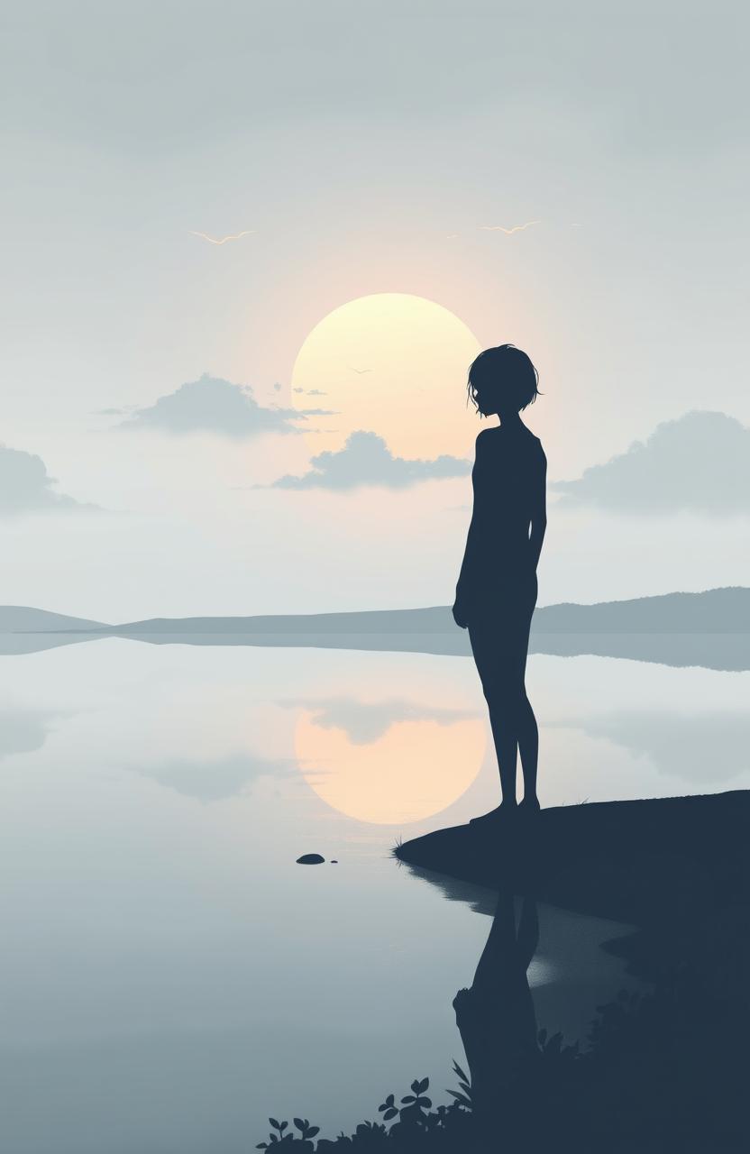 A hauntingly beautiful illustration featuring the silhouette of a solitary figure standing at the edge of a serene lake, gazing out towards the distant horizon