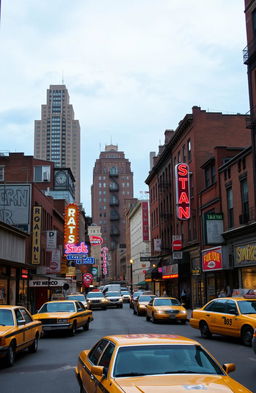 A vibrant urban scene depicting New York City in the 1980s, featuring iconic elements such as vintage yellow cabs, retro storefronts, neon signs, and distinctive architecture like brick buildings and brownstones