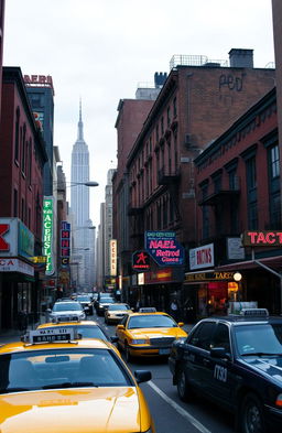 A vibrant urban scene depicting New York City in the 1980s, featuring iconic elements such as vintage yellow cabs, retro storefronts, neon signs, and distinctive architecture like brick buildings and brownstones