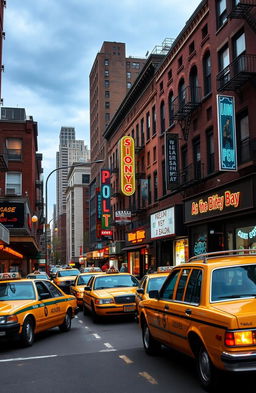 A vibrant urban scene depicting New York City in the 1980s, featuring iconic elements such as vintage yellow cabs, retro storefronts, neon signs, and distinctive architecture like brick buildings and brownstones