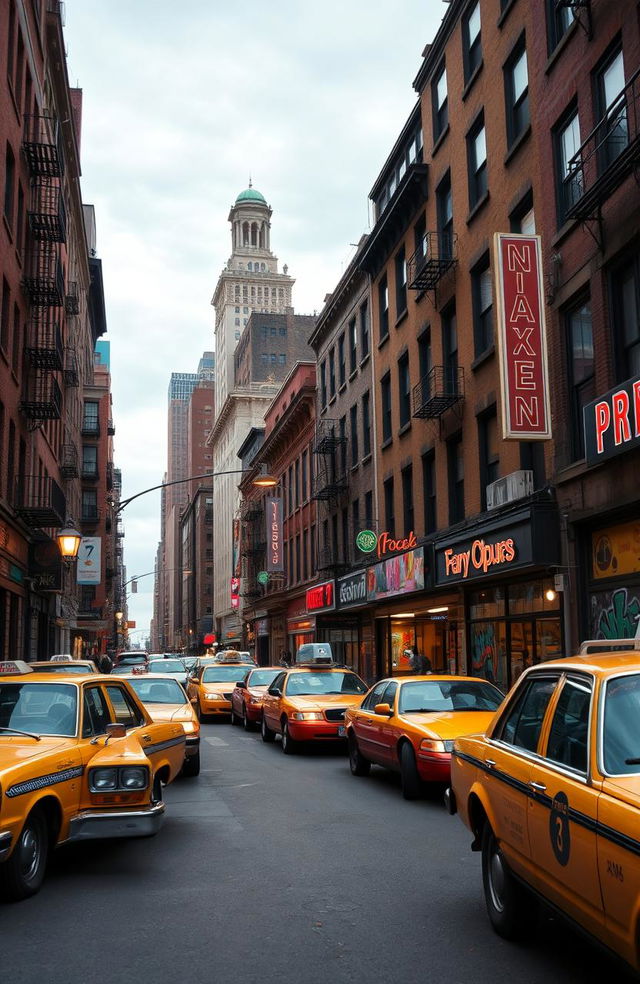 A vibrant urban scene depicting New York City in the 1980s, featuring iconic elements such as vintage yellow cabs, retro storefronts, neon signs, and distinctive architecture like brick buildings and brownstones