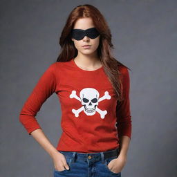 The Indian girl, with her reddish-brown hair and pirate-style black eyepatch, now wears a full-sleeve vibrant red t-shirt with jeans, hidden within the folds of a considerably darker setting.