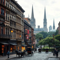 A captivating urban landscape of New York City in the 1880s, showcasing historic architecture like brownstone buildings, tenement houses, and church steeples