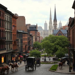 A captivating urban landscape of New York City in the 1880s, showcasing historic architecture like brownstone buildings, tenement houses, and church steeples