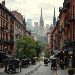 A captivating urban landscape of New York City in the 1880s, showcasing historic architecture like brownstone buildings, tenement houses, and church steeples