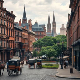 A captivating urban landscape of New York City in the 1880s, showcasing historic architecture like brownstone buildings, tenement houses, and church steeples