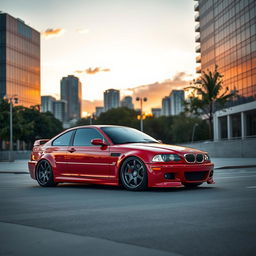 A custom red BMW E46 Coupé parked elegantly in an urban setting during sunset