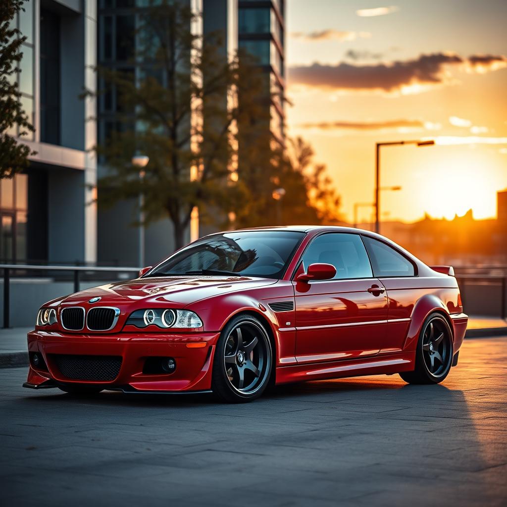 A custom red BMW E46 Coupé parked elegantly in an urban setting during sunset