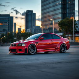 A custom red BMW E46 Coupé parked elegantly in an urban setting during sunset