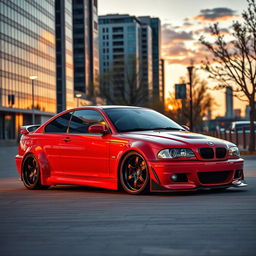 A custom red BMW E46 Coupé parked elegantly in an urban setting during sunset