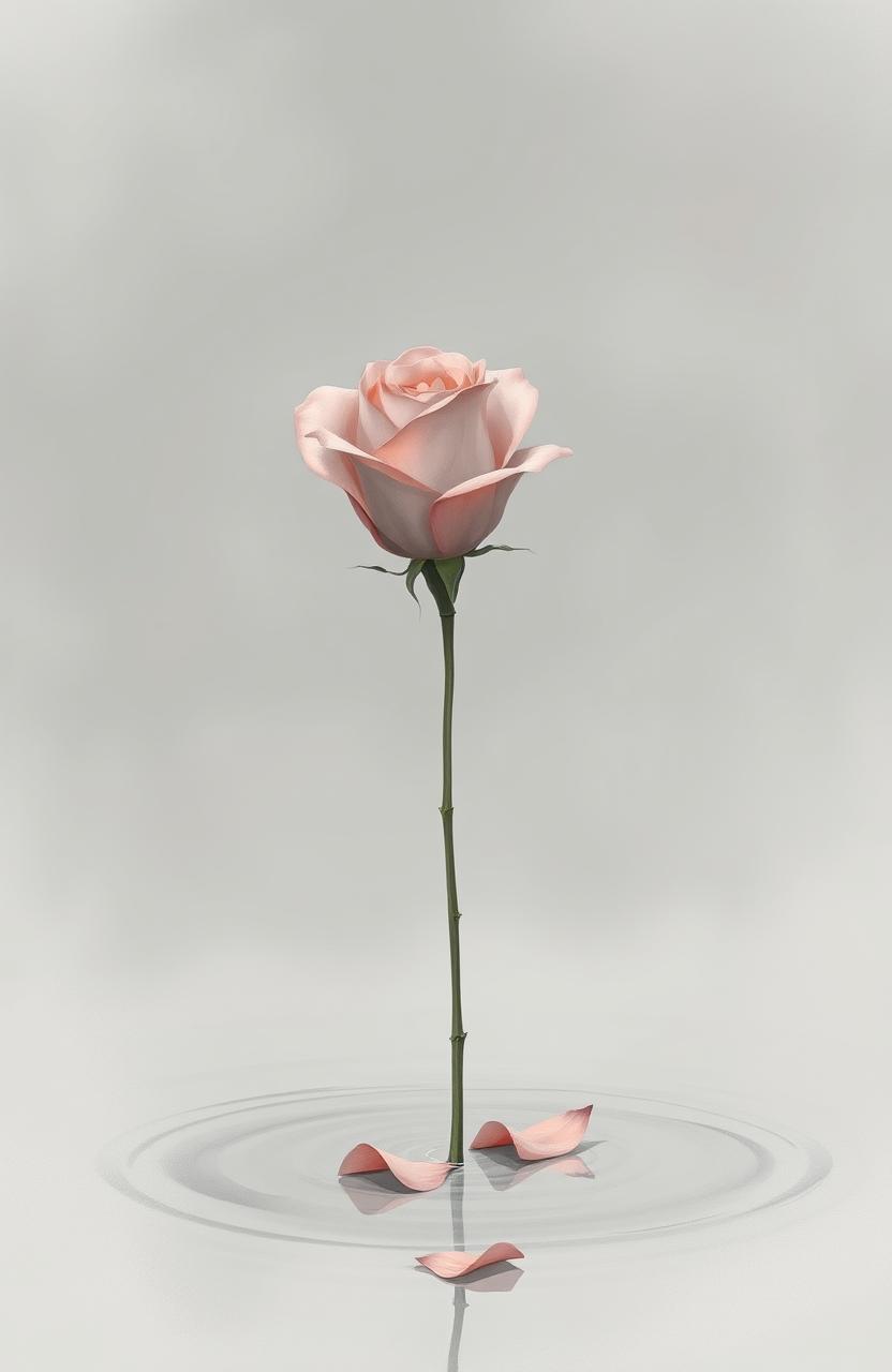 A hauntingly beautiful illustration of a single, long-stemmed rose, featuring muted colors like soft pinks and grays