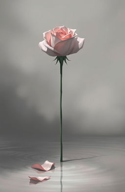 A hauntingly beautiful illustration of a single, long-stemmed rose, featuring muted colors like soft pinks and grays