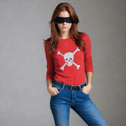 The Indian girl, with her reddish-brown hair and pirate-style black eyepatch, now wears a full-sleeve vibrant red t-shirt with jeans, hidden within the folds of a considerably darker setting.