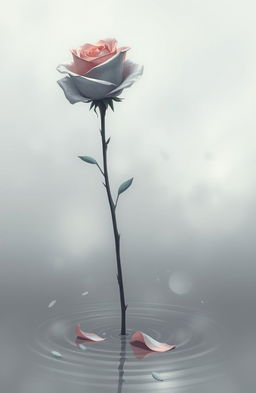 A hauntingly beautiful illustration of a single, long-stemmed rose, featuring muted colors like soft pinks and grays