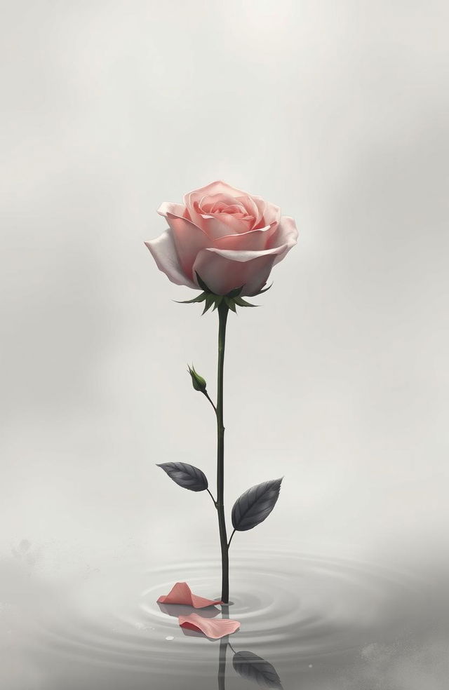 A hauntingly beautiful illustration of a single, long-stemmed rose, featuring muted colors like soft pinks and grays