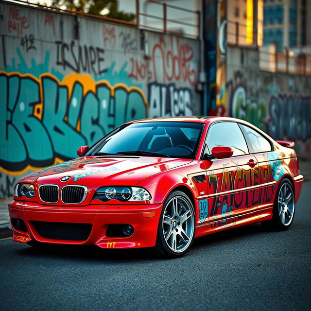 A striking red BMW E46 Coupé adorned with vibrant and intricate graffiti art